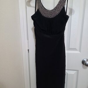 Dress Barn Elegant Black Midi Dress with Embellished Neckline